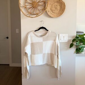 moon & madison Tan and White Block-Check Crewneck Sweater